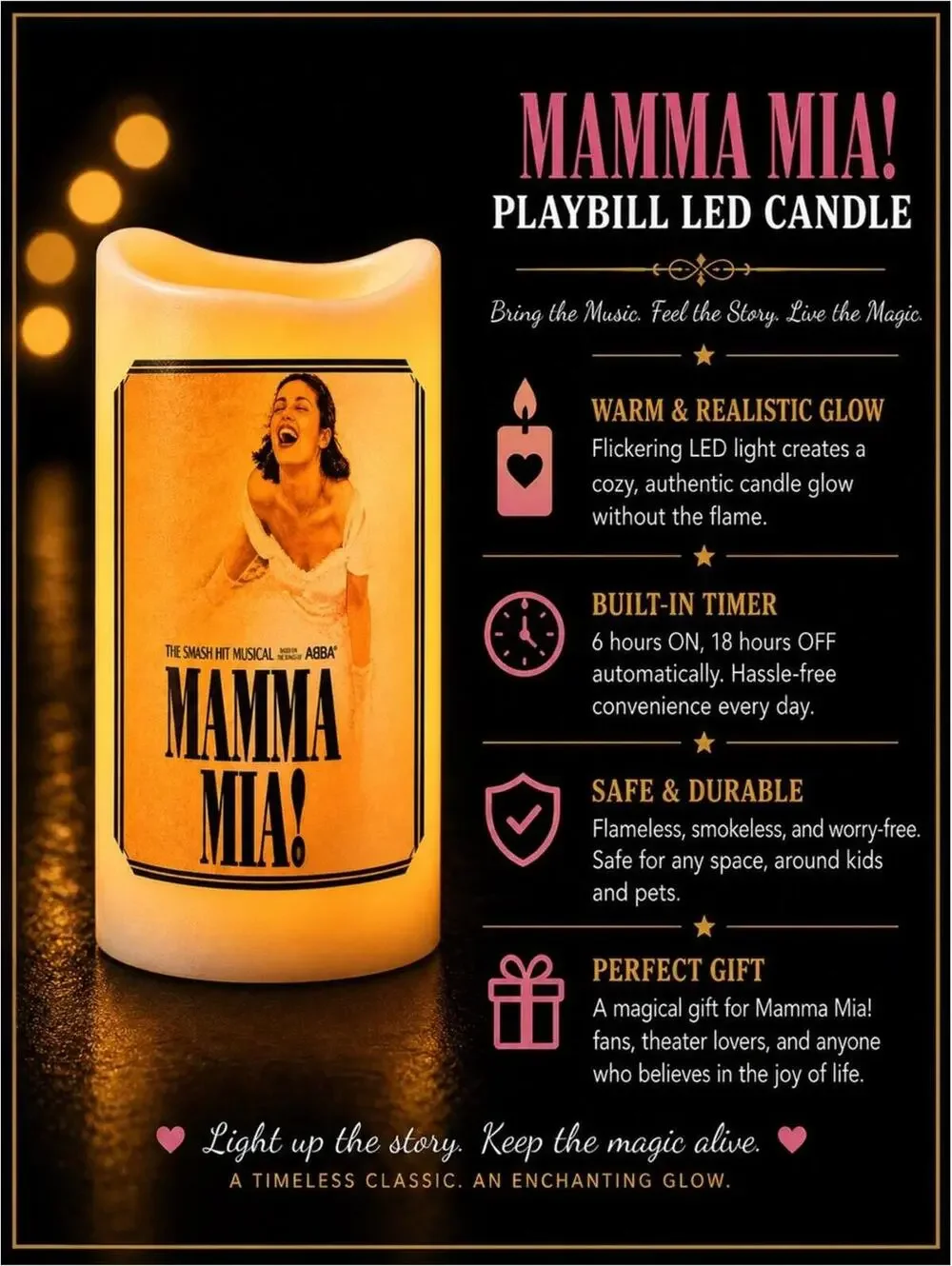 Mamma Mia! Playbill‎ LED Candle - Flameless, Realistic Glow